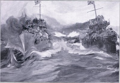 Un combattimento tra cacciatorpediniere, illustrazione da Cassells History of the Russo-Japanese War Vol 1, c.1900 da Charles Edward Dixon