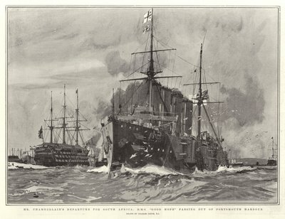 La partenza di Mr Chamberlain per il Sudafrica, H M S Good Hope che esce dal porto di Portsmouth da Charles Edward Dixon