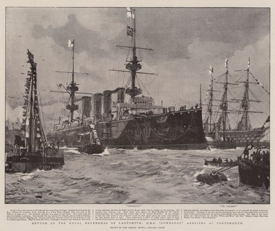 Ritorno dei Difensori Navali di Ladysmith, HMS Powerful in arrivo a Portsmouth da Charles Edward Dixon