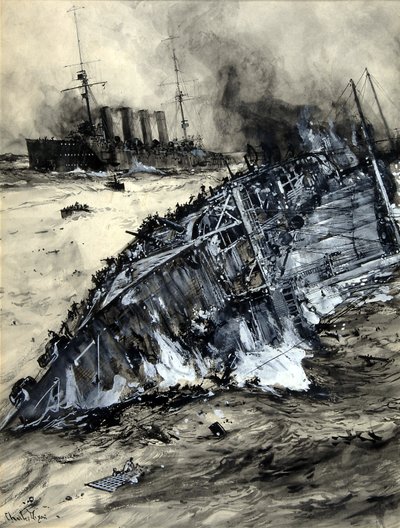 Affondamento della HMS Hogue, Cressy e Aboukir da Charles Edward Dixon