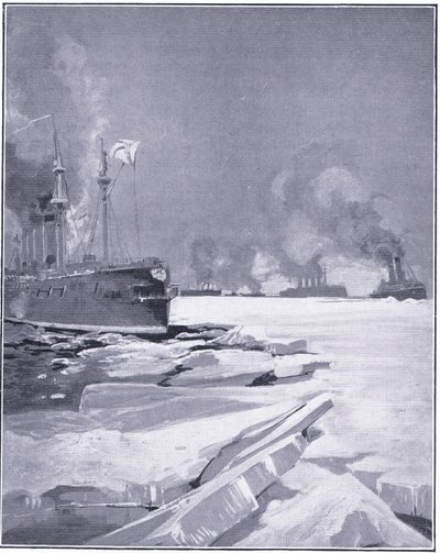 La squadra di Vladivostok che si fa strada attraverso il ghiaccio fuori dal porto di Vladivostok, illustrazione da Cassells History of the Russo-Japanese War Vol 1, c.1900 da Charles Edward Dixon