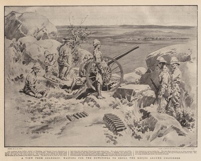 Una vista da Coleskop, in attesa che gli obici bombardino i Kopjes intorno a Colesberg da Charles Edwin Fripp