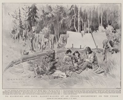 Verso Klondyke e ritorno, fabbricazione di cesti in un accampamento indiano sullo Yukon da Charles Edwin Fripp