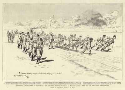 Difficoltà di trasporto in Rhodesia, i Settimi Ussari che trascinano un carro attraverso il letto del fiume Umzingwane da Charles Edwin Fripp