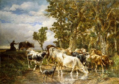 Mandria di mucche a un abbeveratoio da Charles Emile Jacque