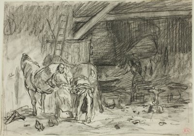 Interno di una bottega di fabbro (recto); uomo chino, visto dalla lettura (verso) da Charles Emile Jacque