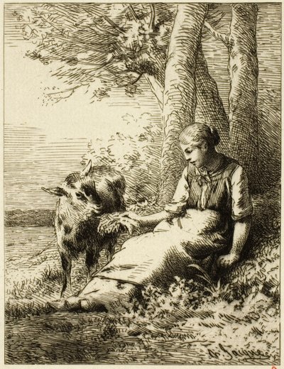 Pastore con gregge di pecore al margine del bosco da Charles Emile Jacque