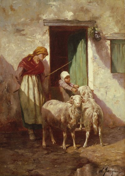 Pastorella con un Bambino e Due Pecore da Charles Emile Jacque