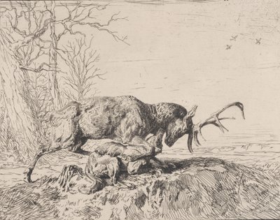 Cervo che Combatte un Lupo, dopo Antoine Louis Barye, 1846 da Charles Emile Jacque
