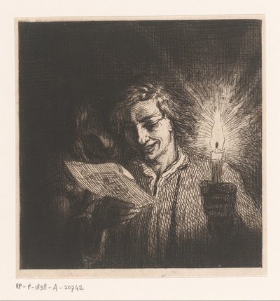 Due figure che leggono una lettera alla luce di una candela da Charles Emile Jacque