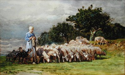 Una pastorella con un gregge di pecore da Charles Emile Jacques