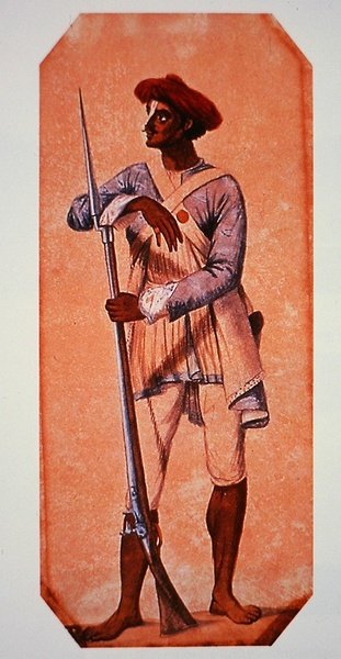 Soldato di Tipu Sultan, Sultano di Mysore, armato di un moschetto a pietra focaia da Charles Emilius (after) Gold