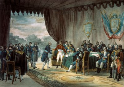 Firma del Trattato di Mortefontaine il 30/09/1800 durante il quale la Francia (rappresentata da Napoleone Bonaparte (1769-1821)) vende la Louisiana agli Stati Uniti. Litografia di C. Motte (XIX secolo) Parigi, B.N. da Charles Etienne Pierre Motte