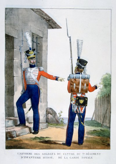 Uniforme del 7° Reggimento di fanteria svizzera della guardia reale, Francia, 1823 da Charles Etienne Pierre Motte