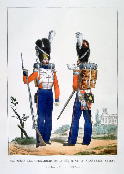 Uniforme dei Granatieri Svizzeri 7º Reggimento di fanteria della guardia reale, Francia, 1823 da Charles Etienne Pierre Motte