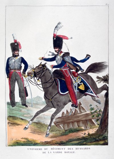 Uniformi di un reggimento di ussari della guardia reale francese, 1823 da Charles Etienne Pierre Motte
