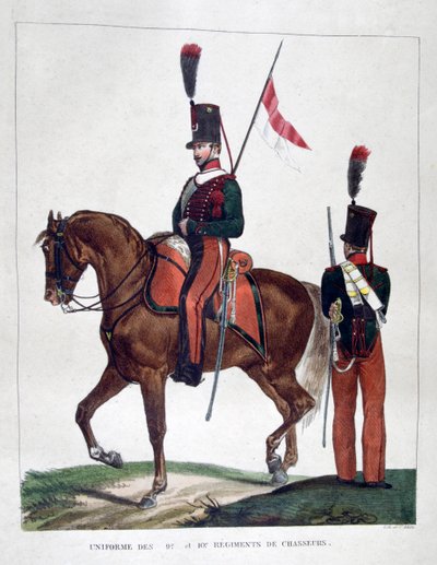 Uniformi del 9° e 10° reggimento cacciatori a cavallo da Charles Etienne Pierre Motte
