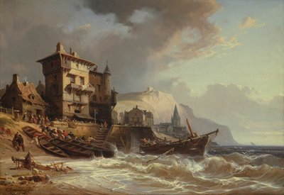 Traino delle barche a riva sulla costa della Bretagna da Charles Euphrasie Kuwasseg