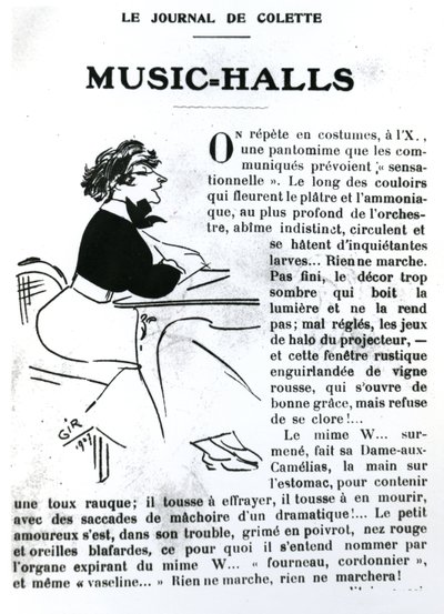 Caricatura di Colette dal suo saggio sui Music-Halls in Vrilles de la Vigne, pubblicato in La Vie Parisienne, Parigi da Charles Felix Gir