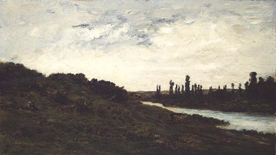 Mandriani e bovini in un paesaggio fluviale boschivo da Charles Francois Daubigny
