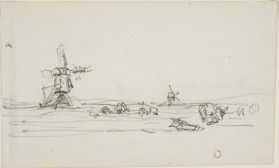 Paesaggio in Olanda (recto); schizzo di mulini a vento sull