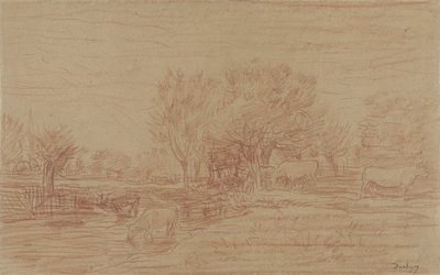 Paesaggio con mucche che pascolano e bevono e un toro che osserva da Charles Francois Daubigny