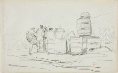 Studio di un gruppo di persone con barili (recto); due studi di una donna intenta a spigolare (verso) da Charles Francois Daubigny