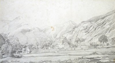 Veduta di edifici in un recinto murato con montagne sullo sfondo da Charles Francois Daubigny