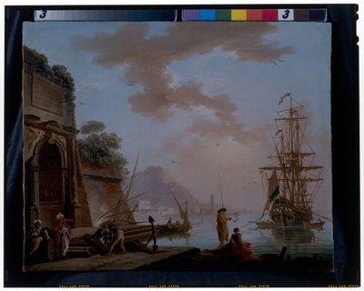 Un porto mediterraneo con orientali che conversano sotto un antico arco romano da Charles François Grenier de Lacroix