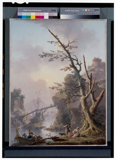 Paesaggio fluviale con pescatori che tirano su le reti da Charles François Grenier de Lacroix