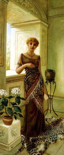 Donna classica vicino a una finestra da Charles Frederick Lowcock