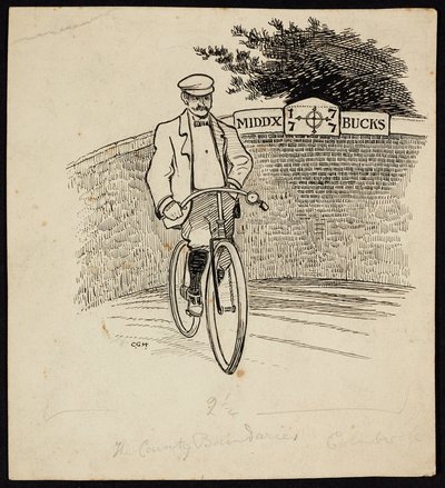 Un uomo in bicicletta davanti a un cartello che segna il confine tra Middlesex e Buckinghamshire da Charles George Harper