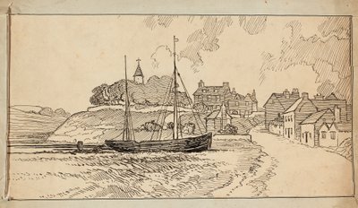 Una barca a vela sulla spiaggia con la bassa marea, vicino a una strada che porta verso un villaggio da Charles George Harper