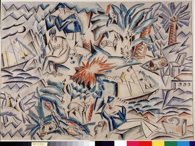 Paesaggio mediterraneo con barche, animali, vegetazione (palma) e personaggi da Charles Georges Dufresne