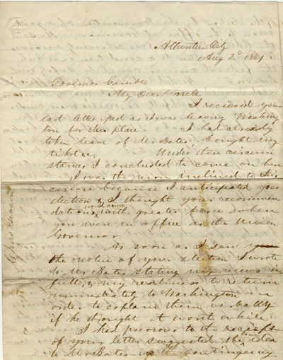 Lettera firmata C. Gibson [Charles Gibson], Atlantic City, al governatore Gamble [Hamilton R. Gamble], 2 agosto 1861 da Charles Gibson