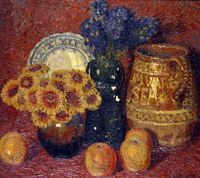 Natura morta: fiori, ceramica e mele da Charles Ginner