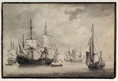 Nave da guerra olandese, yacht di stato e navi lontane in un porto, fine XVIII secolo da Charles Gore