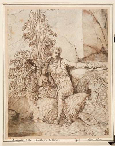 John Deare seduto su una roccia con le gambe incrociate, davanti agli alberi, con il suo cilindro accanto da Charles Grignion