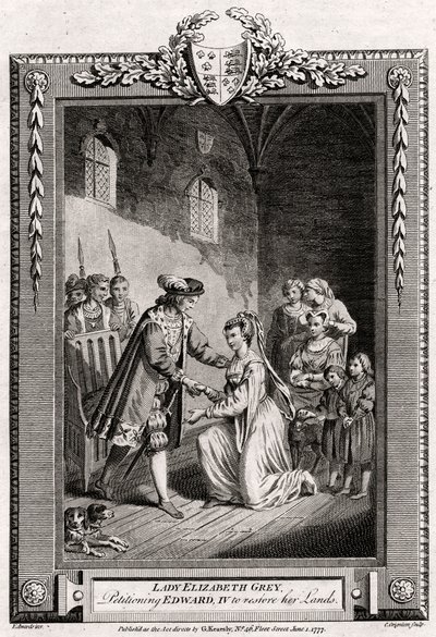 Lady Elizabeth Grey, che chiede a Edoardo IV di restituirle le sue terre, XV secolo, 1777 da Charles Grignion