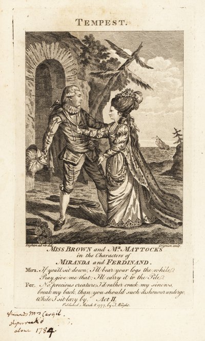 Miss Ann Brown e Mr George Mattocks nei ruoli di Miranda e Ferdinando in una versione operistica de La Tempesta di William Shakespeare, Covent Garden Theatre da Charles Grignion