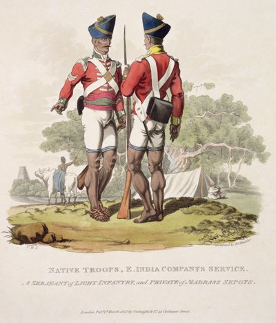 Truppe native al servizio della Compagnia delle Indie Orientali: un sergente di fanteria leggera e un soldato dei sepoy di Madras, inciso da Joseph Constantine Stadler, 1815 (acquatinta) da Charles Hamilton Smith