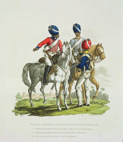 Truppe native al servizio della Compagnia delle Indie Orientali: un cavaliere della Guardia del Corpo del Governatore Generale, un soldato della Cavalleria Regolare del Bengala e un soldato del Java Voluntary, inciso da Joseph da Charles Hamilton Smith