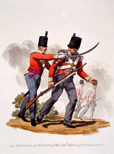 Uniforme di Ufficiale e Soldato del 52° Reggimento di Fanteria Leggera, inciso da Joseph Constantine Stadler (fl.1780-1812), 1812-15 da Charles Hamilton Smith