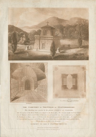 Trentham - Il mausoleo: incisione ad acquatinta rosso-bruna da Charles Heathcote Tatham