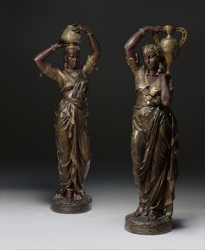 Due torciere in bronzo a forma di donne indiane che portano vasi, 1862-1865 da Charles Henri Joseph Cordier