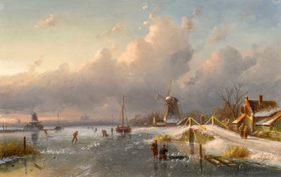 Paesaggio invernale con mulini a vento e pattinatori su un corso d