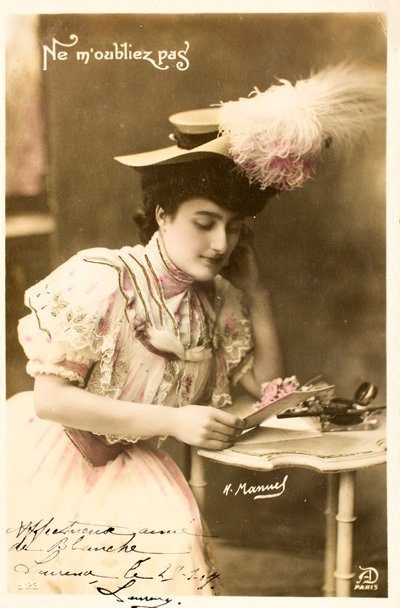 Vecchia cartolina, Non dimenticarmi, Donna della Belle Epoque da Augustus Kollner