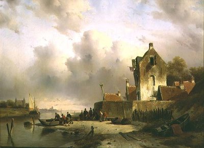 Un estuario con pescatori vicino a un molo da Charles Henri Joseph Lieckert