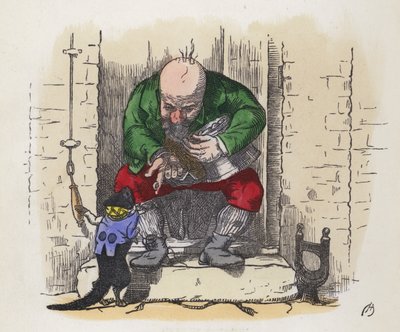 Gatto nero che suona il campanello di un uomo (incisione colorata) da Charles Henry (after) Bennett