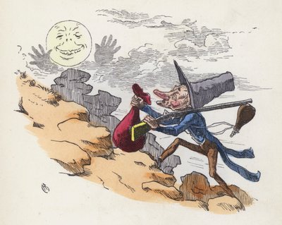 Uomo che sale una collina per sparare alla Luna (incisione colorata) da Charles Henry (after) Bennett